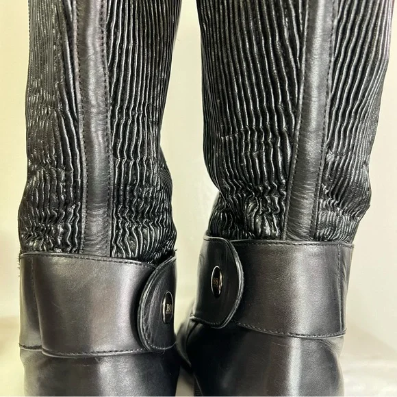 Hugo Boss Dress Knee High Black Leather Stretchy Calf Zip Boots 38 Almond Toe 8 - Picture 6 of 15